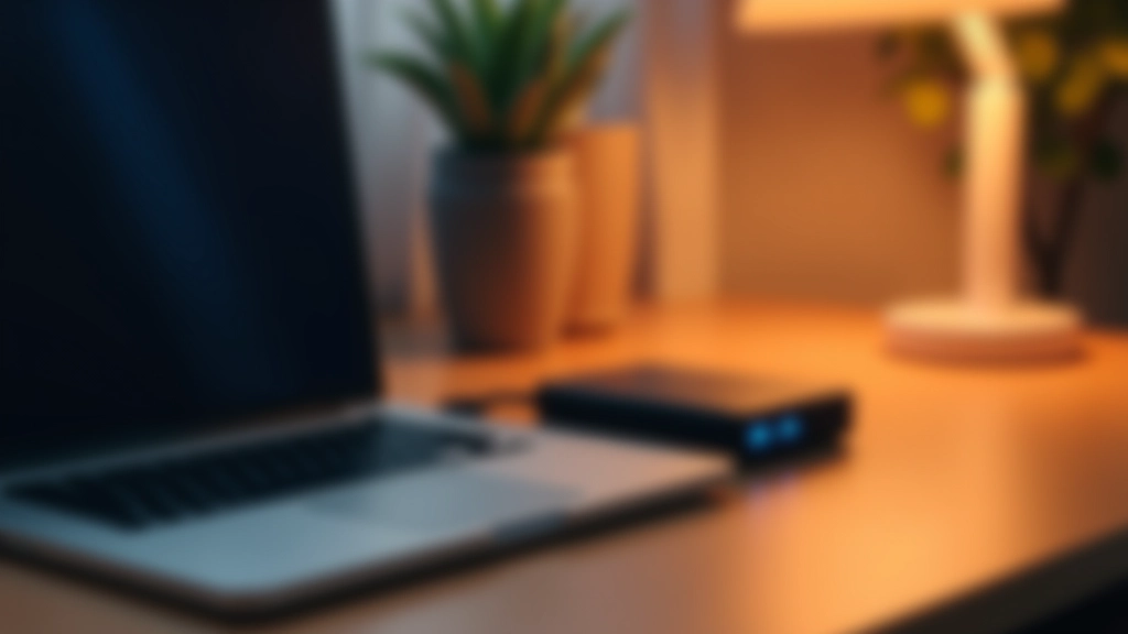 Computador portátil com disco externo conectado via USB, luz azul do LED visível na base do disco