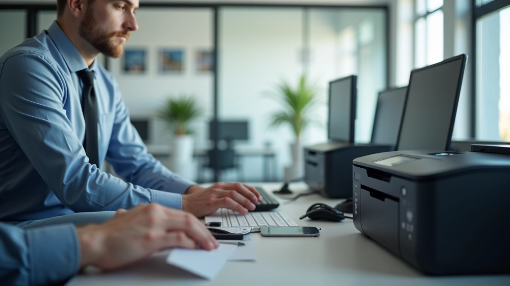 Configuração profissional de impressora e periféricos em ambiente de trabalho moderno com computador e dispositivos conectados
