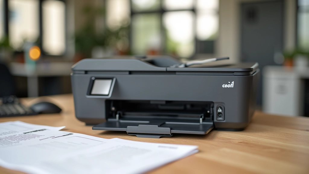 Impressora moderna conectada a computador com cabos e manual de instalação visível na mesa