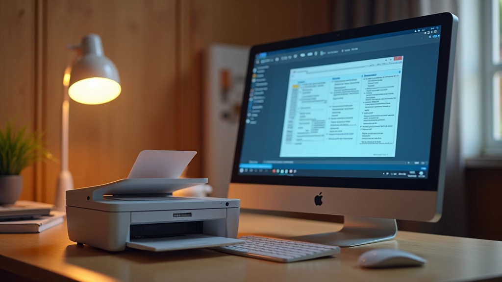 Scanner funcionando perfeitamente ao lado de um computador com documentos digitalizados na tela