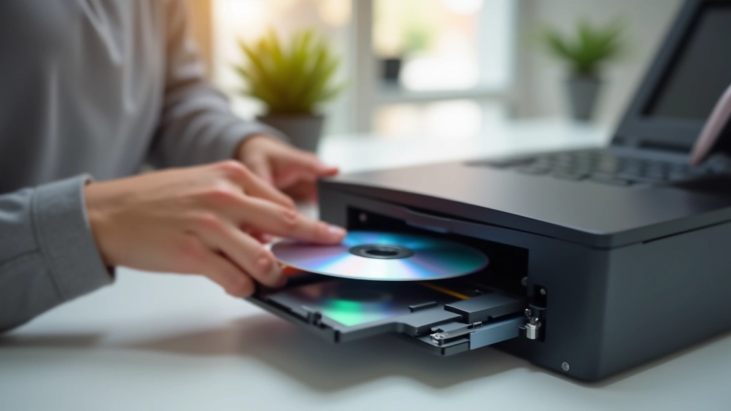 Pessoa a inserir um disco de instalação num leitor de DVD ao lado de um computador portátil moderno