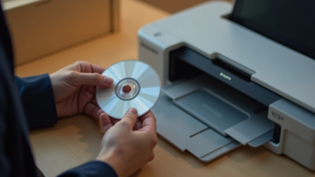 Mãos segurando um disco de instalação de drivers ao lado de um scanner moderno de mesa