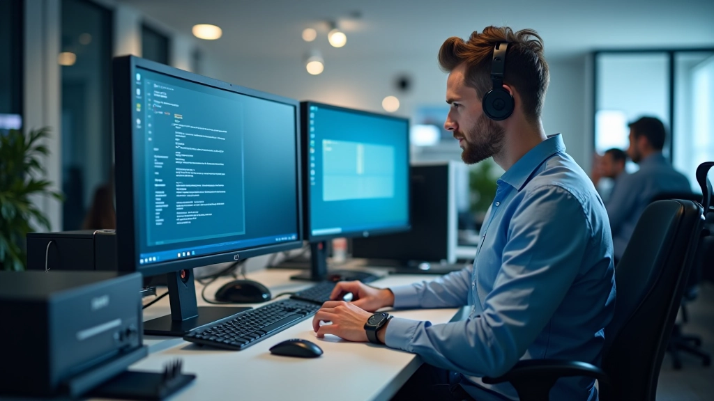 Espaço de trabalho de suporte técnico com equipamento informático profissional