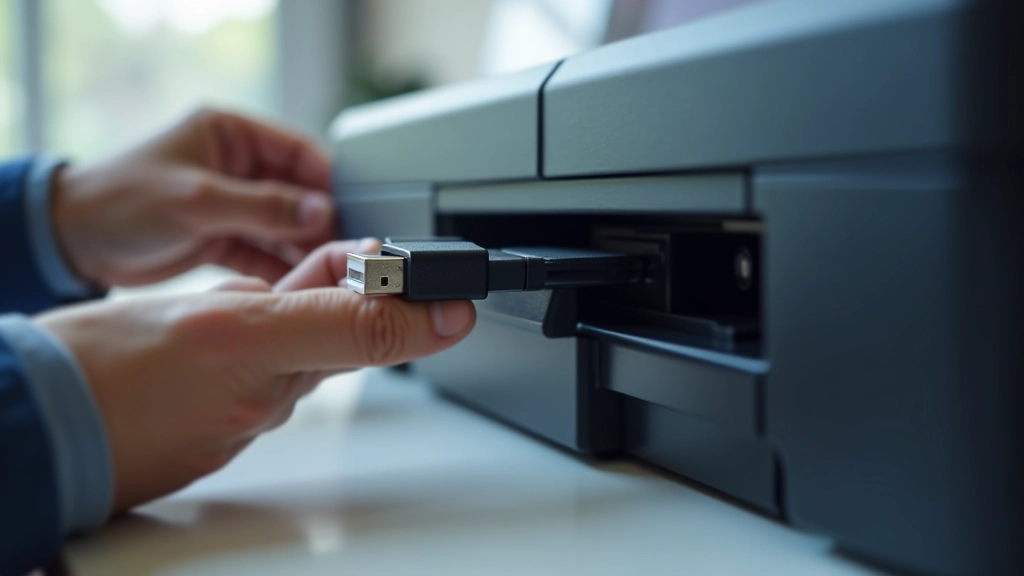 Cabo USB conectado à porta traseira de uma impressora com computador visível ao fundo